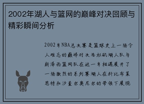 2002年湖人与篮网的巅峰对决回顾与精彩瞬间分析