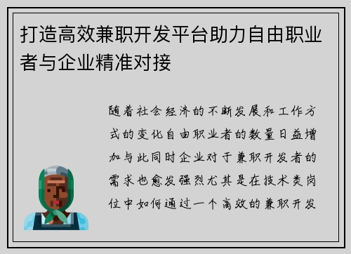 打造高效兼职开发平台助力自由职业者与企业精准对接